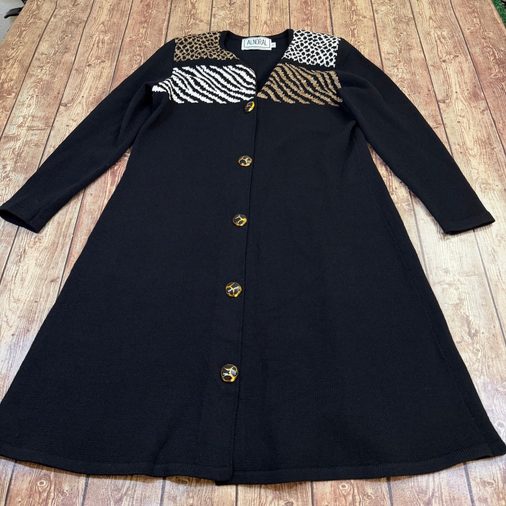 Alnoral Longline Cardigan Sweater Womens Small Black Animal Print Wool Blend